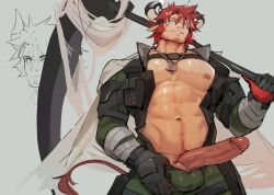 Rule 34 | 1boy, abs, absurdres, animal ears, arknights, bara, bare pectorals, come hither, covered testicles, cow boy, cow ears, cow horns, dendryte axxon, dog tags, doodle inset, erection, girthy penis, green jumpsuit, highres, holding, holding scythe, horns, humus (arknights), jumpsuit, large pectorals, large penis, looking at viewer, male focus, mature male, multicolored hair, muscular, muscular male, navel, navel hair, nipples, open jumpsuit, over shoulder, pectorals, penis, presenting penis, red hair, scythe, short hair, smile, standing, stomach, streaked hair, sweat, thick eyebrows, thick navel hair, uncensored, unfinished, weapon, weapon over shoulder