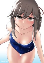 1girl blue_one-piece_swimsuit breasts brown_eyes collarbone competition_school_swimsuit cowboy_shot cypress downblouse grey_hair hair_ribbon kantai_collection long_hair one-piece_swimsuit ponytail red_ribbon ribbon school_swimsuit simple_background small_breasts solo swimsuit thigh_gap usugumo_(kancolle) wet wet_clothes wet_swimsuit white_background