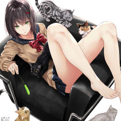 Rule 34 | barefoot, black hair, bowtie, cat, cat day, dated, feet, full body, green eyes, legs, nabeshima tetsuhiro, original, ribbon, short hair, skirt, striped bow, striped bowtie, striped clothes, toes, uniform, white background
