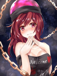 Rule 34 | 1girl, black choker, black shirt, blush, breasts, chain, choker, cleavage, clothes writing, commentary request, fingers together, hecatia lapislazuli, kaeranu kaeru, large breasts, looking at viewer, medium hair, off-shoulder shirt, off shoulder, orb, red eyes, red hair, shirt, sky, solo, star (sky), starry sky, tearing up, touhou, upper body, wavy mouth