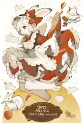 Rule 34 | 1girl, absurdres, animal ears, apple, apple rabbit, apple slice, apron, biscuit (bread), bow, chinese zodiac, clothes lift, commentary, cup, dress, food, food art, frilled dress, frills, fruit, furry, furry female, hair bow, headdress, highres, jumping, nengajou, new year, original, rabbit, rabbit ears, rabbit girl, red bow, red dress, red eyes, sakutake (ue3sayu), saucer, short hair, skirt, skirt lift, snout, teacup, white apron, white fur, white hair, year of the rabbit