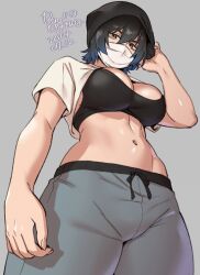 1girl agawa_ryou arm_at_side artist_name beanie black_bra black_hair blue_hair bra breasts brown_eyes clothes_lift commentary cowboy_shot dated drawstring english_commentary from_below gradient_hair grey_background grey_pants hair_between_eyes hand_on_own_head hat large_breasts linea_alba looking_at_viewer mask mouth_mask multicolored_hair navel original pants shirt shirt_lift short_hair short_sleeves simple_background solo stomach surgical_mask sweatpants t-shirt toned two-tone_hair underwear white_shirt