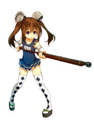 Rule 34 | 1girl, brown hair, detached sleeves, double flare skirt one-piece, flat chest, folding fan, frilled swimsuit, frills, goshiro collection, gun, hair ornament, hand fan, ishikura (goshiro collection), ishikura (oshiro collection), ishikura (oshiro project), long hair, musket, nontraditional school swimsuit, official art, one-piece swimsuit, oshiro project:re, pigeon-toed, platform footwear, purple eyes, rifle, sandals, school swimsuit, solo, swimsuit, thighhighs, twintails, weapon, white thighhighs