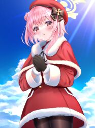 Rule 34 | 1girl, alternate costume, beret, blue archive, blush, christmas, commentary request, gloves, halo, hat, heavy breathing, highres, lens flare, looking at viewer, open mouth, pantyhose, pink eyes, pink hair, ribbon, santa costume, serina (blue archive), solo, sweat, wabi chazuke