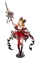 Rule 34 | 1girl, ankle boots, arm at side, artist request, blonde hair, blue eyes, boots, breasts, character request, clothing cutout, dress, final fantasy, final fantasy brave exvius, hair intakes, hairband, hand up, highres, holding, holding polearm, holding weapon, long hair, navel, navel cutout, official art, polearm, short dress, simple background, single thighhigh, small breasts, solo, standing, thighhighs, war of the visions: final fantasy brave exvius, weapon, white background
