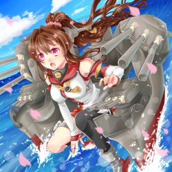Rule 34 | &gt;:o, 10s, 1girl, :o, bad id, bad pixiv id, blurry, brown hair, day, depth of field, detached sleeves, hair ornament, headgear, kantai collection, kneeling, long hair, looking at viewer, machinery, ocean, p-line, parune chigetsu, petals, ponytail, red eyes, sky, solo, turret, v-shaped eyebrows, wind, yamato (kancolle)