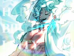 Rule 34 | 1boy, abs, arms behind head, closed eyes, commentary request, dated, gear fifth, hagoromo, happy birthday, highres, male focus, monkey d. luffy, one piece, open clothes, open mouth, open shirt, polar tang (artist), scar, scar on face, shawl, shirt, smile, solo, spoilers, thick eyebrows, upper body, white hair, white shirt