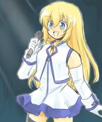 Rule 34 | 00s, bare shoulders, blonde hair, blue eyes, colette brunel, detached sleeves, dress, elbow gloves, gloves, long hair, microphone, music, singing, skirt, tales of (series), tales of symphonia, white dress, white gloves, white skirt