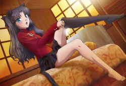 Rule 34 | 1girl, absurdres, barefoot, black hair, blush, bow, dressing, fate/stay night, fate/unlimited blade works, fate (series), feet, green eyes, hair bow, highres, legs, long hair, long legs, makita yoshinobu, nyantype, official art, open mouth, putting on legwear, single thighhigh, sock pull, solo, thighhighs, tohsaka rin, twintails, two side up