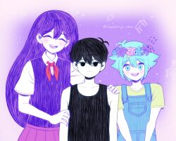Rule 34 | 1girl, 2boys, :d, :|, ^ ^, artist name, basil (headspace) (omori), basil (omori), black eyes, black sweater, black tank top, blue hair, blue overalls, blush, brother and sister, closed eyes, closed mouth, hand on another&#039;s arm, hand on another&#039;s shoulder, head wreath, highres, looking at viewer, mari (headspace) (omori), mari (omori), multiple boys, neckerchief, omori, omori (omori), open mouth, overalls, pleated skirt, purple background, red neckerchief, santtalgi keikeu, shirt, short hair, short sleeves, siblings, sidelocks, skirt, smile, suspenders, sweater, sweater vest, tank top, twitter username, wing collar, yellow shirt