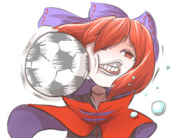Rule 34 | 1girl, ball, capelet, disembodied head, highres, in the face, looking at viewer, motion lines, no pupils, open mouth, peroponesosu., red eyes, sekibanki, snow, soccer ball, solo, teeth, touhou, upper body, white background