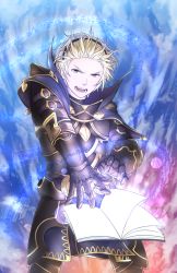 Rule 34 | 1boy, armor, blonde hair, book, capelet, fire emblem, fire emblem fates, gloves, highres, holding, holding book, holding weapon, leo (fire emblem), lord ezyn, magic circle, male focus, nintendo, open mouth, red eyes, solo, teeth, weapon