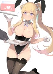 Rule 34 | 1girl, animal ears, apron, black leotard, black thighhighs, blonde hair, blush, breasts, closed mouth, collarbone, detached collar, fake animal ears, fletcher (kancolle), flying sweatdrops, gloves, groin, hair ornament, heart, kantai collection, large breasts, leotard, long hair, nipples, playboy bunny, purple eyes, rabbit ears, shin (new), simple background, solo, star (symbol), star hair ornament, strapless, strapless leotard, thighhighs, tissue, tissue box, tray, waist apron, white apron, white background, white gloves