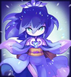 Rule 34 | 1girl, fubukihime, green eyes, heart, heart hands, high ponytail, japanese clothes, kimono, long hair, looking at viewer, multicolored hair, nollety, purple hair, solo, two-tone hair, youkai watch