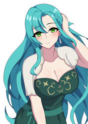 Rule 34 | 1girl, aqua hair, blush, braid, breasts, chloe (fire emblem), cleavage, commentary, earrings, fire emblem, fire emblem engage, green eyes, hand in own hair, highres, jewelry, large breasts, long hair, looking at viewer, momosuke (user pupa3454), nintendo, official alternate costume, side braid, simple background, smile, solo, very long hair