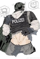 Rule 34 | 1boy, absurdres, bara, bulletproof vest, cropped legs, disembodied limb, flying sweatdrops, from behind, german text, helmet, highres, holding, holding shield, laughing, looking at viewer, looking back, male focus, mask, mouth mask, muscular, muscular male, original, police, shield, solo focus, swat, undressing another, xianyu (clx147258), yaoi
