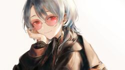 Rule 34 | 1girl, absurdres, black coat, black shirt, blue hair, closed mouth, coat, commentary, glasses, gold trim, hair between eyes, hanafuda earrings, hand on own cheek, hand on own face, head rest, highres, hololive, hoshimachi suisei, hoshimachi suisei (8th costume), kyoko (zeprii4), long sleeves, looking at viewer, looking back, official alternate costume, official alternate hairstyle, portrait, red-tinted eyewear, round eyewear, shirt, short hair, sitting, smile, solo, symbol-only commentary, tinted eyewear, virtual youtuber, white background