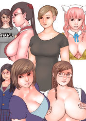Rule 34 | 6+girls, bad id, bad pixiv id, breasts, breasts out, brown hair, cleavage, covering privates, covering breasts, covering nipples, glasses, hairband, kusagami style, large breasts, lips, multiple girls, original, pink hair, pointy ears, sideboob, simple background, upper body, white background
