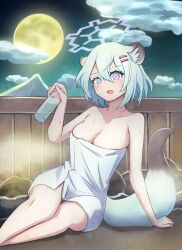 Rule 34 | 1girl, absurdres, animal ears, aqua hair, arm support, bare shoulders, blue archive, breasts, cleavage, collarbone, covering privates, full moon, hair between eyes, hair ornament, hairclip, highres, holding, large breasts, lesqua, looking at viewer, medium hair, moon, naked towel, nude cover, onsen, open mouth, outdoors, purple eyes, shigure (blue archive), shigure (hot spring) (blue archive), short hair, sitting, soaking feet, steam, tail, towel, water, weasel ears, weasel tail, wet, white towel