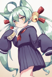Rule 34 | 1girl, :3, ahoge, akashi (azur lane), alternate costume, animal ears, azur lane, bell, blue serafuku, blue shirt, blue skirt, brown background, brown eyes, bubble tea, cat ears, closed mouth, commentary request, cup, disposable cup, drinking straw, gradient background, green hair, grey background, hair bell, hair between eyes, hair ornament, hair ribbon, highres, holding, holding cup, jingle bell, long hair, long sleeves, looking at viewer, looking to the side, neckerchief, pikomarie, pleated skirt, red neckerchief, red ribbon, ribbon, school uniform, serafuku, shirt, skirt, sleeves past fingers, sleeves past wrists, solo, twintails, very long hair