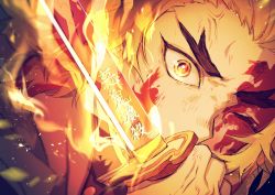 Rule 34 | 1boy, anger vein, black hair, black jacket, blonde hair, closed mouth, fighting stance, fire, forked eyebrows, glowing, glowing weapon, holding, holding weapon, jacket, katana, kimetsu no yaiba, long hair, looking at viewer, male focus, multicolored hair, one eye closed, portrait, red hair, rengoku kyoujurou, solo, sword, two-tone hair, weapon, yuuki sawano