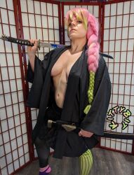 Rule 34 | 1other, breasts, cosplay, female focus, green hair, highres, holding, holding weapon, indoors, kanroji mitsuri, kimetsu no yaiba, kitty-bit, large breasts, long hair, looking at viewer, no bra, open clothes, photo (medium), pink hair, solo, standing, sword, tagme, weapon