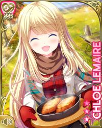 Rule 34 | 1girl, black skirt, blonde hair, blue eyes, card (medium), character name, chloe lemaire, closed eyes, coat, cooler, food, frying pan, girlfriend (kari), lawn, long hair, official art, open mouth, outdoors, qp:flapper, shirt, skirt, smile, solo, standing, steam, striped clothes, striped thighhighs, tagme, tent, thighhighs, white coat, winter clothes, winter coat