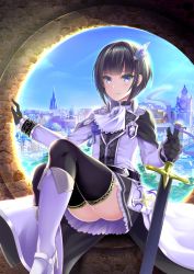 Rule 34 | 1girl, ascot, black capelet, black gloves, black hair, black skirt, black thighhighs, blue eyes, blunt bangs, boots, cape, capelet, closed mouth, day, feather hair ornament, feathers, gloves, hair ornament, highres, holding, holding sword, holding weapon, idolmaster, idolmaster cinderella girls, idolmaster cinderella girls starlight stage, knee boots, long sleeves, miniskirt, outdoors, seimitsu shageki, shirayuki chiyo, shirt, short hair, sitting, skirt, smile, solo, sword, thighhighs, waist cape, weapon, white ascot, white cape, white footwear, white shirt, zettai ryouiki