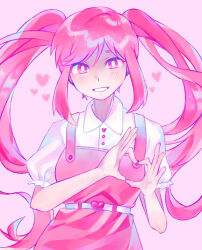 Rule 34 | 1girl, collared shirt, grin, heart, heart hands, highres, iro (mywife sunny), long hair, looking at viewer, omori, parted lips, perfectheart (omori), pink eyes, pink hair, puffy short sleeves, puffy sleeves, shirt, short sleeves, sidelocks, smile, solo, teeth, twintails, upper body, white shirt