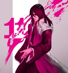 Rule 34 | 1boy, absurdres, black hair, black kimono, bleach, bleach: sennen kessen-hen, closed mouth, cowboy shot, expressionless, from side, grey background, hair between eyes, hair ornament, haori, hieumay, high collar, highres, japanese clothes, kimono, kuchiki byakuya, layered clothes, lips, long hair, long sleeves, looking to the side, male focus, nose, number background, pink theme, pointing, pointing down, shinigami, simple background, solo, stain, taichou haori, tassel, wide sleeves