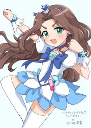 Rule 34 | 1girl, arm up, blue background, blue bow, blue bowtie, blue choker, blue headband, blue wrist cuffs, blush, bow, bowtie, breasts, brooch, brown hair, choker, clenched hands, cosplay, cure marine, cure marine (cosplay), dot nose, dress, earrings, green eyes, hair ornament, hand up, headband, heart, heart brooch, heart hair ornament, heartcatch precure!, highres, idolmaster, idolmaster cinderella girls, idolmaster cinderella girls starlight stage, jewelry, kahiika, kusakabe wakaba, layered dress, leg up, long hair, looking at viewer, magical girl, open mouth, precure, puffy short sleeves, puffy sleeves, short sleeves, simple background, small breasts, smile, solo, standing, standing on one leg, thick eyebrows, thighhighs, two-tone dress, v-shaped eyebrows, wavy hair, white thighhighs, wrist cuffs