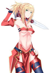 Rule 34 | 1girl, absurdres, armor, armpits, blonde hair, breasts, clarent (fate), cleavage, detached sleeves, fate/apocrypha, fate/grand order, fate (series), gatari, green eyes, groin, highres, long hair, looking at viewer, medium breasts, mordred (fate), mordred (fate/apocrypha), navel, pelvic curtain, sideboob, solo, sword, thighhighs, underboob, weapon, white background