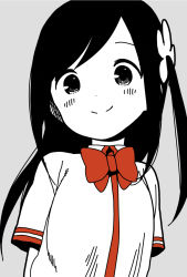 Rule 34 | 1girl, black hair, blush, bow, bowtie, closed mouth, collared shirt, commentary request, dot nose, flower, grey background, hair flower, hair ornament, highres, hitori bocchi, hitoribocchi no marumaru seikatsu, katsuwo (cr66g), long hair, looking at viewer, partially colored, red bow, school uniform, shirt, simple background, smile, solo, white shirt