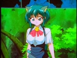 Rule 34 | 1990s (style), 1girl, animal ears, animated, animated gif, bell, bouncing breasts, breasts, cat ears, green eyes, green hair, hyper police, jingle bell, large breasts, lowres, matching hair/eyes, retro artstyle, sasahara natsuki, sasahara natsuki (hyper police), screencap, short hair, solo