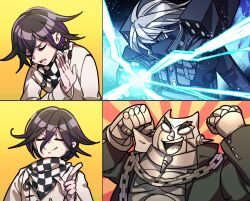 3boys ahoge android arm_belt arm_cannon armor black_hair blue_eyes buttons check_commentary checkered_clothes checkered_scarf closed_eyes commentary_request danganronpa_(series) danganronpa_2:_goodbye_despair danganronpa_v3:_killing_harmony disgust fighting_stance fist_pump flipped_hair gakuran grey_hair hair_between_eyes hands_up highres incoming_attack jacket joints k1-b0 long_sleeves looking_at_viewer male_focus mask meme mouth_mask multiple_boys nidai_nekomaru nota_sayaka oma_kokichi open_mouth pointing power_armor purple_hair ringed_eyes robot robot_ears robot_joints rocket_launcher scarf school_uniform shirt short_hair simple_background smile spikes straitjacket teeth thick_eyebrows two-tone_scarf upper_body weapon white_hair yellow_background