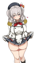 Rule 34 | 10s, 1girl, beret, blue eyes, blush, breasts, clothes lift, epaulettes, female focus, gloves, hat, hyouju issei, kantai collection, kashima (kancolle), knees, large breasts, long hair, looking at viewer, military, military uniform, miniskirt, panties, panty pull, pink panties, pleated skirt, silver hair, skindentation, skirt, skirt lift, smile, solo, thighs, tsurime, twintails, underwear, uniform, wavy hair, white gloves