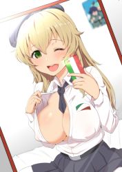Rule 34 | 10s, 1girl, ;d, abenattou, anchovy (girls und panzer), belt, black hat, black necktie, blonde hair, blurry, breasts, carpaccio (girls und panzer), clearite, clothes lift, collared shirt, covered erect nipples, depth of field, dress shirt, dutch angle, eyelashes, girls und panzer, green eyes, hair between eyes, hat, holding, holding phone, large breasts, lens flare, lifting own clothes, long hair, long sleeves, looking at viewer, necktie, one eye closed, open clothes, open mouth, open shirt, pantyhose, pepperoni (girls und panzer), phone, photo (object), pleated skirt, school uniform, selfie, shirt, shirt lift, short necktie, sitting, skirt, smile, solo, striped, taking picture, tongue, upper body, white pantyhose, white shirt