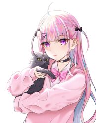 Rule 34 | 1girl, cat, cattonyan, highres, hololive, looking at viewer, minato aqua, purple eyes, purple hair, simple background, smile, solo, virtual youtuber