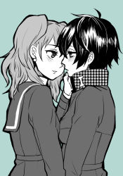 Rule 34 | 2girls, androgynous, atlus, bad id, bad pixiv id, blush, breast press, breasts, couple, crossdressing, eye contact, hair between eyes, hand on another&#039;s face, imminent kiss, jacket, kujikawa rise, long hair, long twintails, looking at another, majoccoid, medium breasts, multiple girls, open mouth, persona, persona 4, school uniform, serafuku, shirogane naoto, short hair, small breasts, smile, standing, twintails, wavy hair, yuri