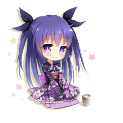 Rule 34 | 1girl, black ribbon, blush, bow, chibi, closed mouth, commentary request, cup, cushion, floral print, hair between eyes, hair ribbon, japanese clothes, kimono, long hair, long sleeves, looking at viewer, obi, original, print kimono, purple bow, purple eyes, purple hair, purple kimono, ribbon, sash, sitting, smile, solo, steam, tea, two side up, very long hair, white background, white legwear, wide sleeves, xia xiang (ozicha), yunomi, zabuton