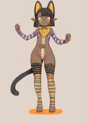 Rule 34 | 1girl, animal ears, barefoot, beige background, black hair, blonde hair, blunt bangs, bob cut, bridal gauntlets, cat ears, cat girl, cat tail, clenched hands, colored inner hair, commentary, dark-skinned female, dark skin, ear piercing, egyptian, extra ears, flat chest, full body, highres, jewelry, looking at viewer, mercury8, multicolored clothes, multicolored hair, multicolored legwear, navel, o-ring, original, piercing, pointy ears, revealing clothes, ring, short hair, simple background, solo, striped, tail, two-tone hair, yellow eyes