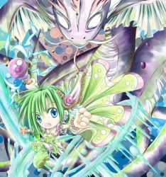 Rule 34 | 1990s (style), 1girl, arm up, blue eyes, dragon, final fantasy, final fantasy iv, green hair, lowres, open mouth, rydia (ff4), staff