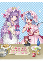 Rule 34 | 3girls, absurdres, ama-tou, apron, ascot, bat wings, blue background, blue hair, bottle, bowl, checkered background, cookie, crescent, crescent pin, dress, eating, food, hair ribbon, hand up, hat, hat ribbon, head wings, highres, holding, honey, jam, koakuma, long hair, macaron, maid apron, mini person, minigirl, mob cap, multiple girls, pastry bag, patchouli knowledge, pink hat, plate, puffy short sleeves, puffy sleeves, purple eyes, purple hair, red ascot, red eyes, red hair, red ribbon, remilia scarlet, ribbon, short sleeves, smile, spatula, star (symbol), striped clothes, striped dress, touhou, wings, wrist cuffs