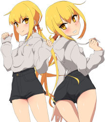Rule 34 | 1girl, alternate costume, ass, black shorts, blonde hair, blush, breasts, clothes writing, comala (komma la), grey hoodie, grin, head tilt, high-waist shorts, highres, hood, hood down, hoodie, jacket, kantai collection, long hair, long sleeves, low twintails, multiple views, satsuki (kancolle), shorts, sidelocks, simple background, small breasts, smile, twintails, very long hair, white background, yellow eyes