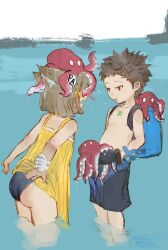 Rule 34 | 1boy, 1girl, absurdres, angry, animal, animal ear fluff, animal ears, animal on head, ass, backpack, bag, brown hair, cat ears, chest jewel, daible, dress, gloves, grey hair, highres, holding, holding animal, leaning forward, male swimwear, nia (fancy sundress) (xenoblade), nia (xenoblade), octopus, official alternate costume, on head, open mouth, partially submerged, pout, rex (cloud sea shark) (xenoblade), rex (xenoblade), sundress, swim trunks, water, wet, xenoblade chronicles (series), xenoblade chronicles 2