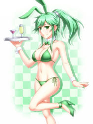 Rule 34 | 1girl, animal ears, bikini, bow, bowtie, breasts, chalice, checkered background, cherry, cleavage, cup, detached collar, drink, duel monster, food, fruit, green bikini, green bow, green bowtie, green eyes, green hair, high heels, large breasts, long hair, matching hair/eyes, pataneet, ponytail, rabbit ears, side-tie bikini bottom, smile, solo, swimsuit, tray, winda (yu-gi-oh!), winda priestess of gusto, wrist cuffs, wynnda miko of the gusta, yu-gi-oh!, yu-gi-oh! duel monsters