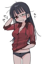 Rule 34 | 1girl, black hair, black panties, blunt bangs, blush, breasts, cleavage, closed mouth, glasses, hand on own head, jacket, large breasts, long hair, long sleeves, messy hair, one eye closed, panties, red eyes, red jacket, shinigami dot com, simple background, sleepy, solo, tears, track jacket, underwear, wavy mouth, white background, yasashii naizou