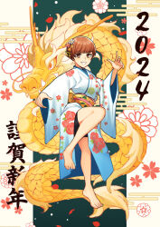 Rule 34 | 1girl, 2024, alternate costume, barefoot, bike shorts, black shorts, blue kimono, breasts, brown hair, chinese zodiac, commentary, dragon, english commentary, feet, fighting stance, floral print, flower, full body, gradient kimono, hair flower, hair ornament, hand up, highres, japanese clothes, kimono, knee up, kuki tan, medium breasts, obi, obijime, orange flower, persona, persona 4, pink flower, print kimono, sash, satonaka chie, short hair, shorts, solo, spread toes, standing, standing on one leg, swept bangs, toenails, toes, white flower, white kimono, wide sleeves, year of the dragon, yellow sash