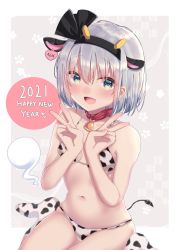 Rule 34 | 1girl, 2021, animal ears, animal print, bell, bikini, blue eyes, blush, breasts, commentary request, cow ears, cow horns, cow print, double v, ear tag, english text, fake animal ears, fake horns, happy new year, highres, horns, konpaku youmu, konpaku youmu (ghost), looking at viewer, navel, neck bell, neck ribbon, new year, open mouth, otowa (otoha4634), outside border, print bikini, print socks, ribbon, short hair, silver hair, simple background, sitting, skindentation, small breasts, smile, socks, solo, swimsuit, touhou, v, wariza, white background, white bikini, white socks