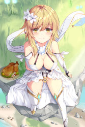 Rule 34 | 1girl, absurdres, bare shoulders, blonde hair, blush, boots, breasts, cleavage, commentary request, dongyue sakura, dress, flower, genshin impact, hair between eyes, hair flower, hair ornament, highres, lumine (genshin impact), medium breasts, short hair, sitting, smile, solo, stiel, thigh boots, thighhighs, yellow eyes